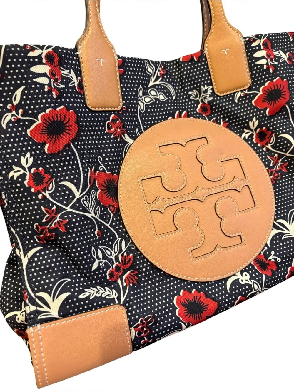 TORY BURCH Ella Tote Bag Purse Nylon Navy and Red Floral
